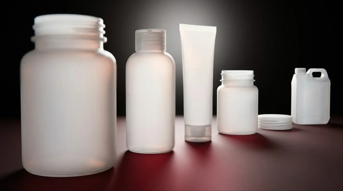Translucent white plastic containers of varying shapes, arranged diagonally and lit from behind