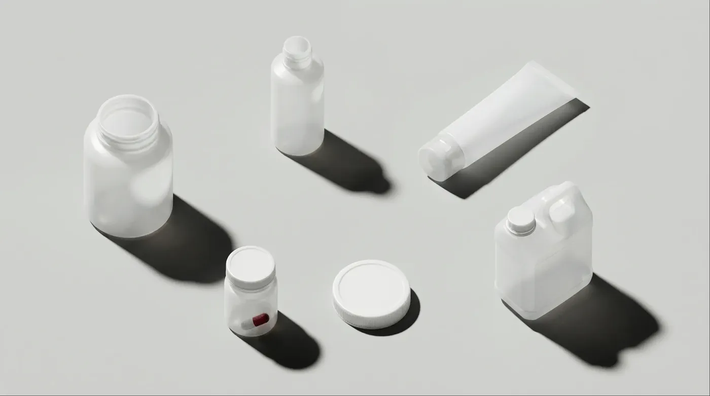 Translucent white containers seen from above, each with its cast shadow